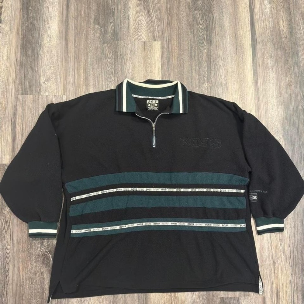 Y2K Boss Sportswear 1/4 Zip Textured 3/4 Sleeve Pullover Men's 2XL Black Vintage
